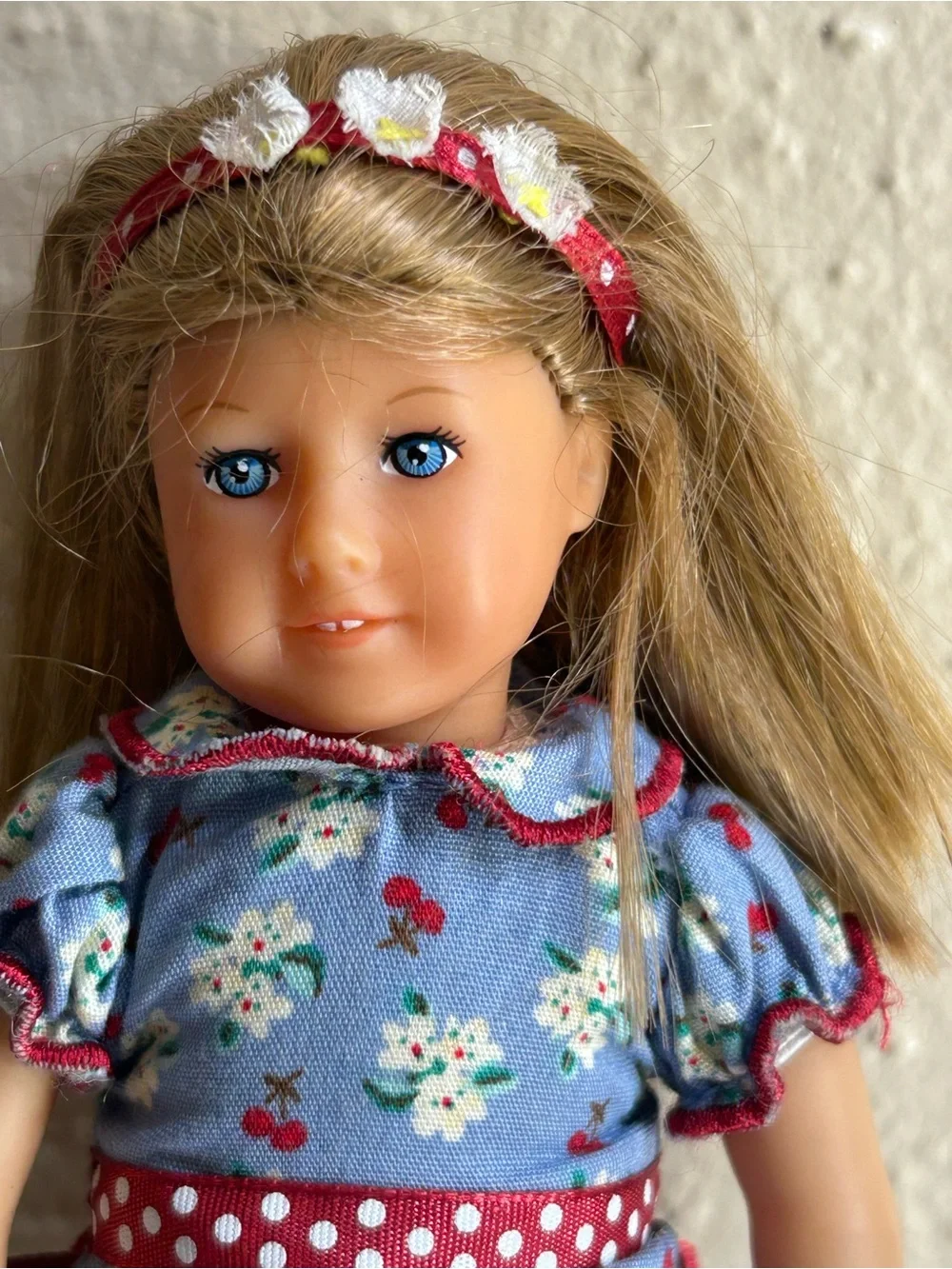 American Girl Doll Retired Blue Floral Dress Doll with Red Accents